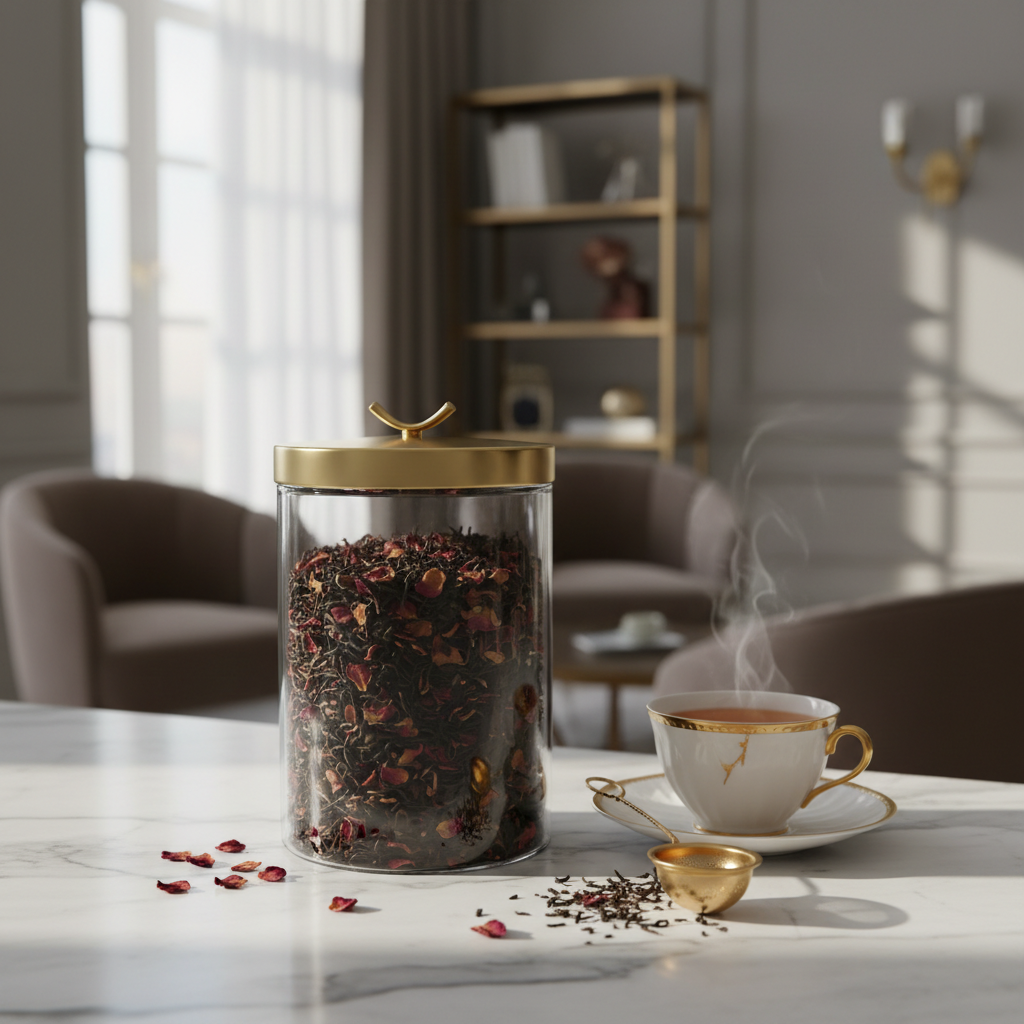 Georgia Rose Loose Leaf Tea in a glass jar with rose petals
