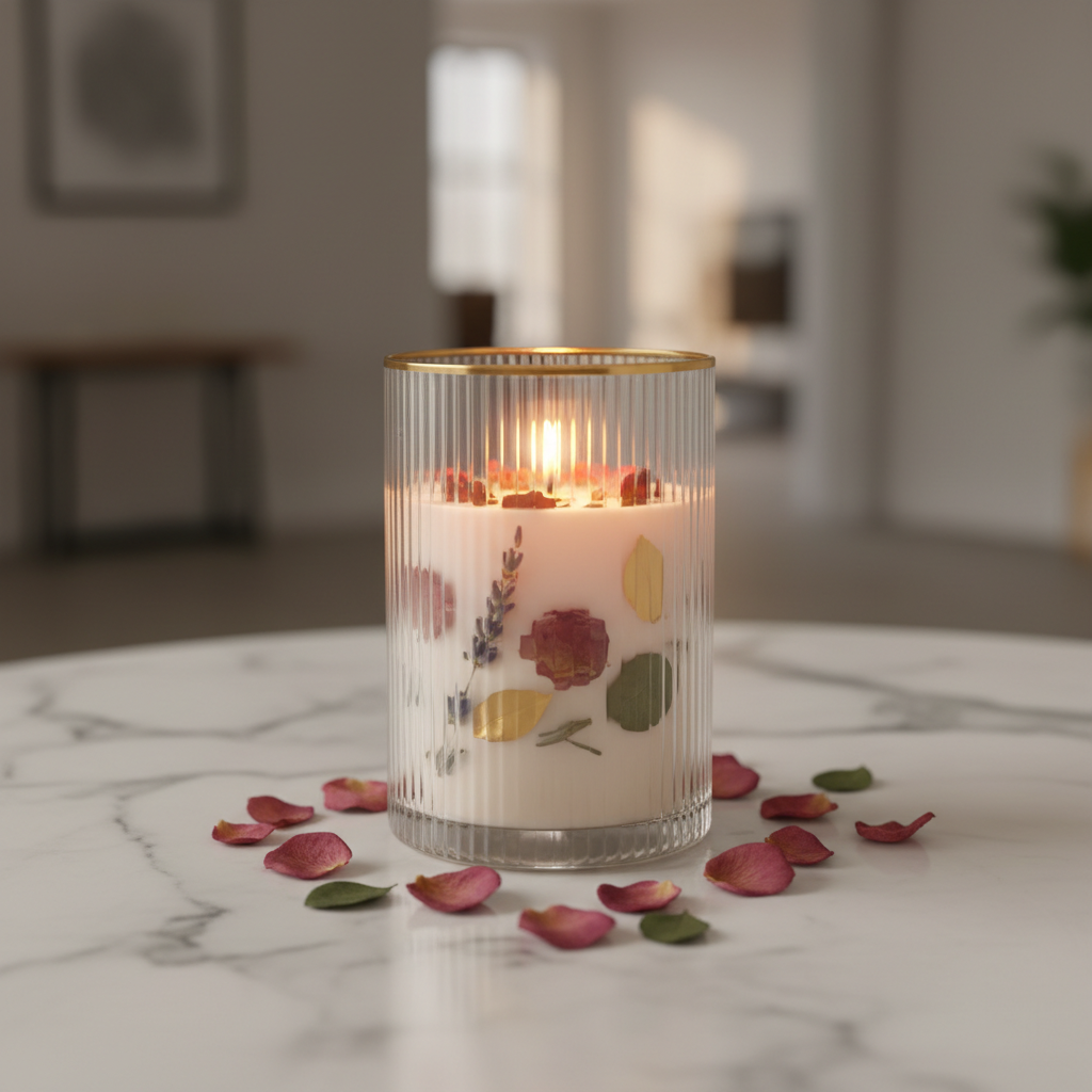 Georgia Rose Botanical Candle in an elegant glass vessel with dried botanicals