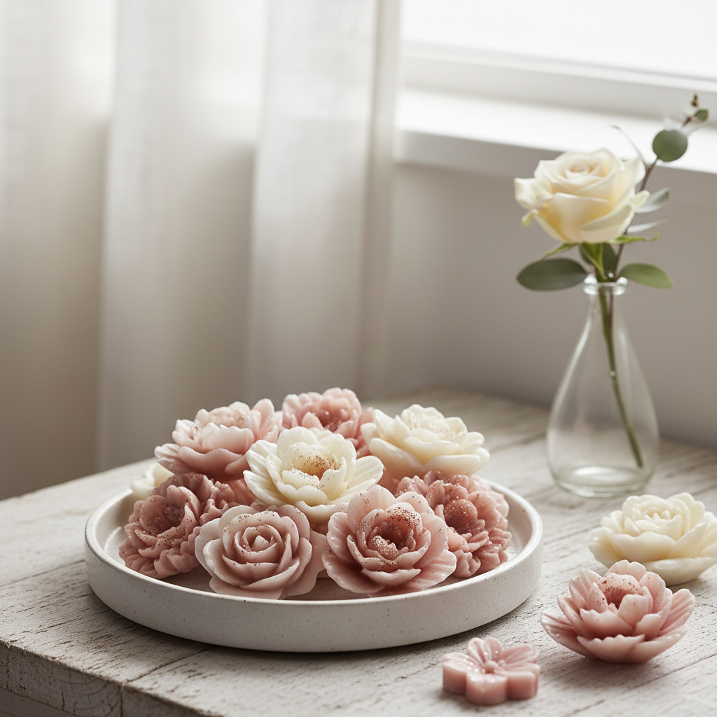 Georgia Rose Floral Wax Melts in flower shapes on a ceramic dish