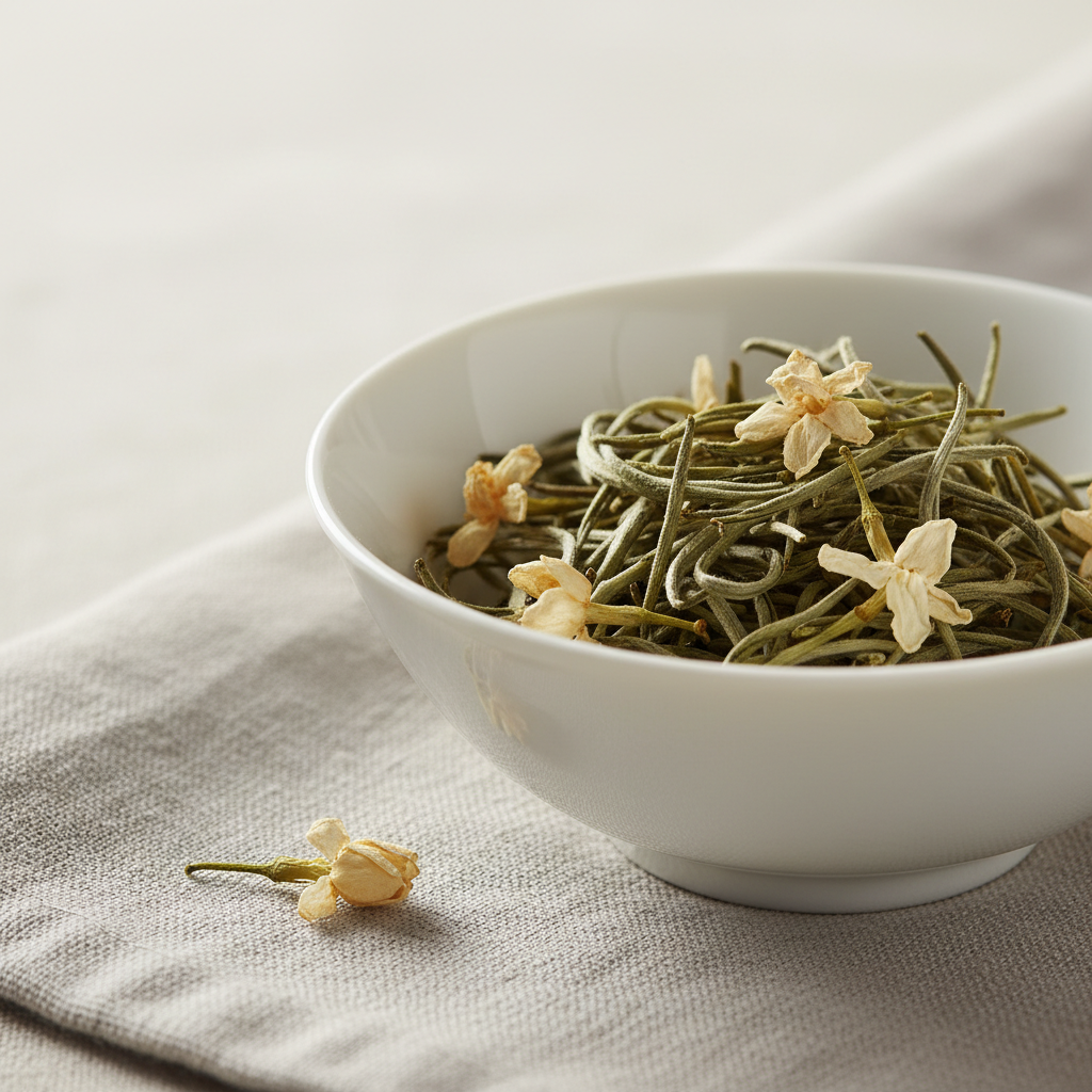 Georgia Rose Jasmine White Tea with jasmine blossoms in a porcelain bowl